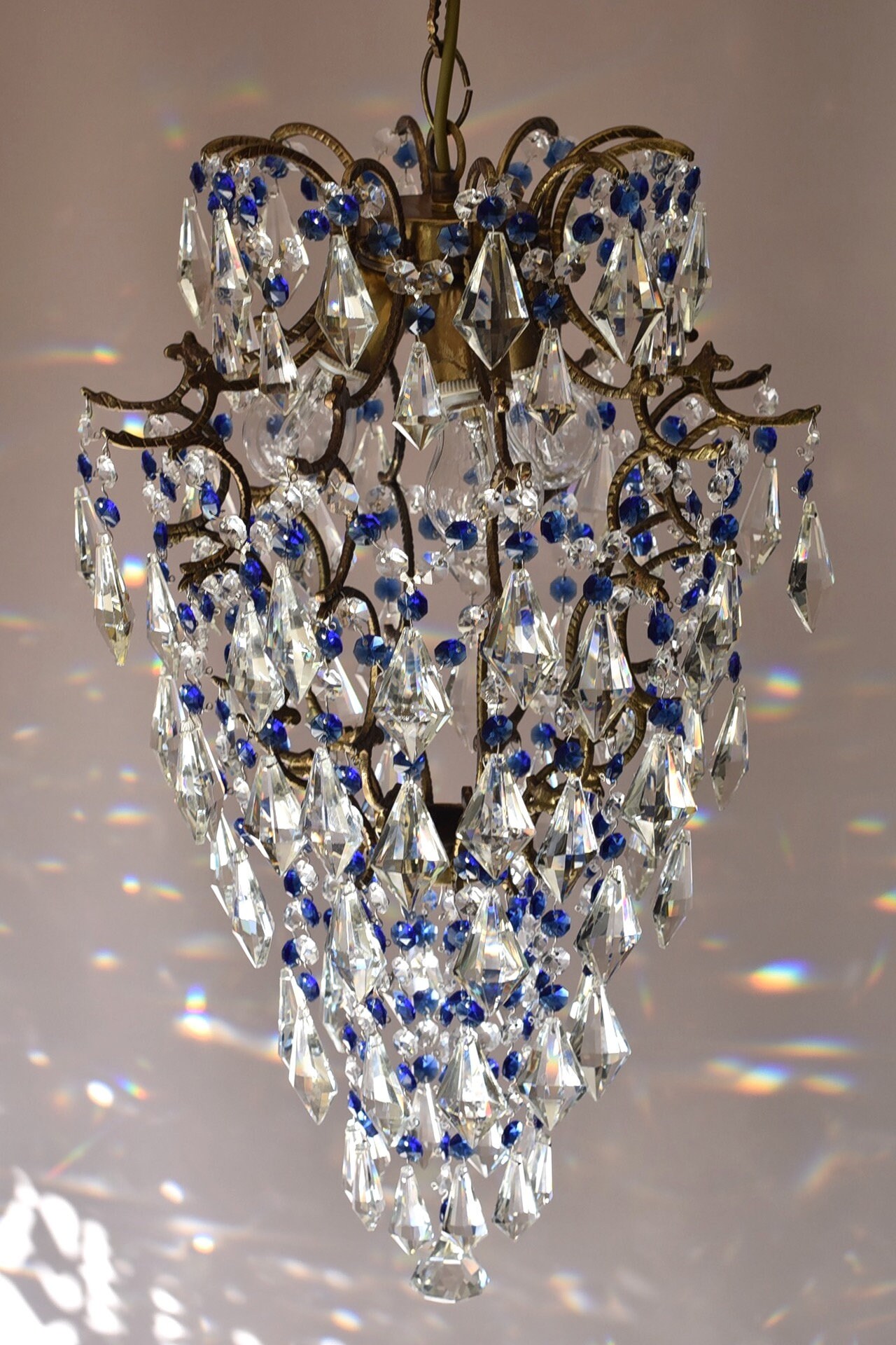ヴィンテージケージクリスタルシャンデリア、ブルー＆クリアドロップ