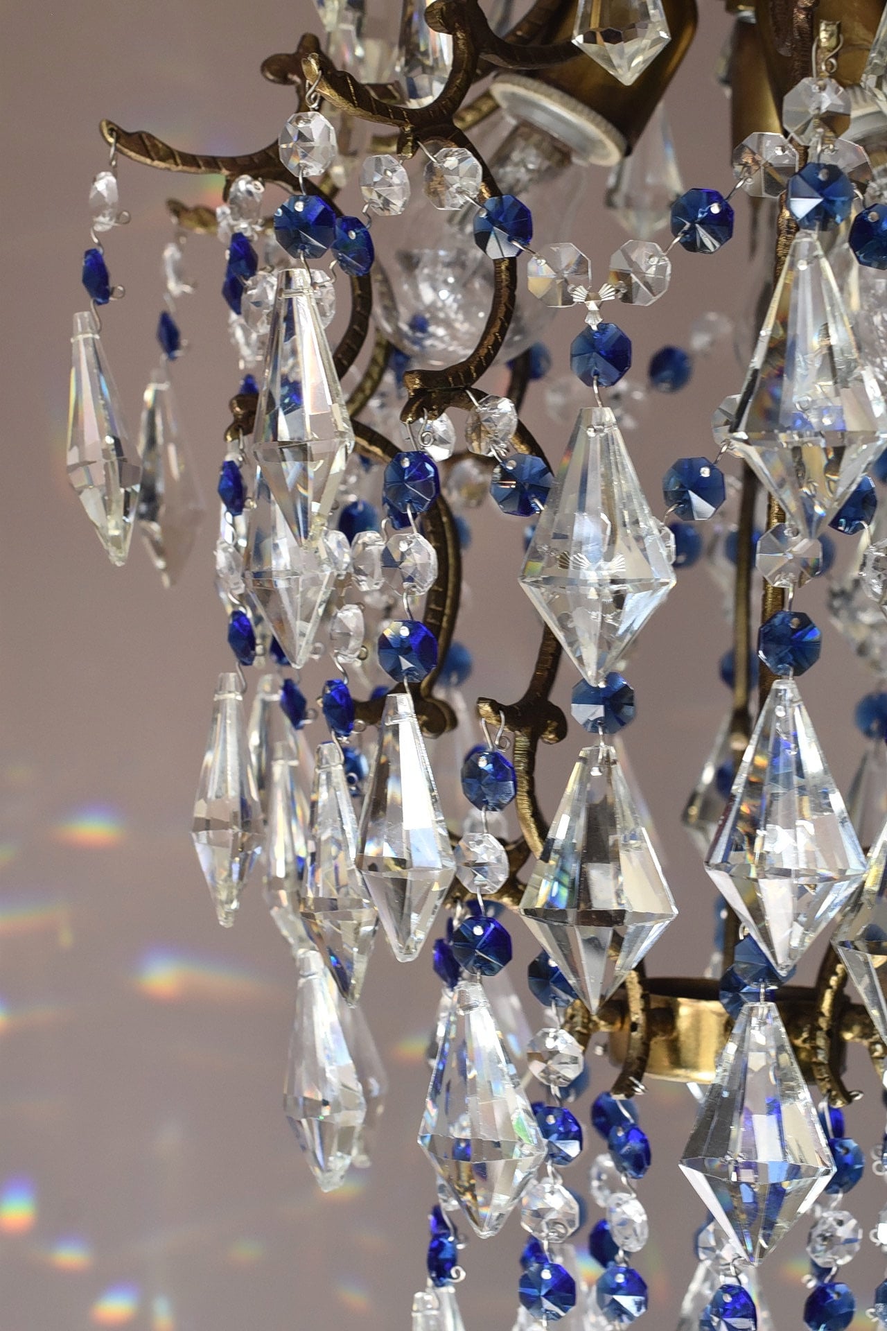 ヴィンテージケージクリスタルシャンデリア、ブルー＆クリアドロップ