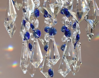 ヴィンテージケージクリスタルシャンデリア、ブルー＆クリアドロップ