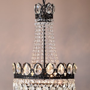 Pair of Vintage Crystal Chandeliers: Shabby Chic Aged Brass Lighting