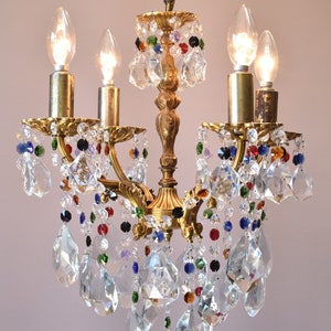 Vintage French Style Crystal Chandelier: Multi Colour Antique Brass 4-Arm Lighting