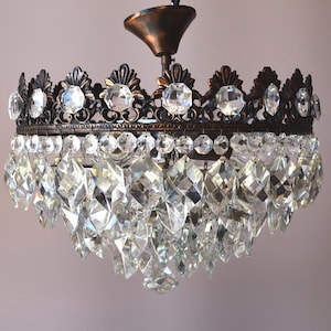 Vintage Crystal Chandelier: Antique Brass Semi Flush Mount Lighting