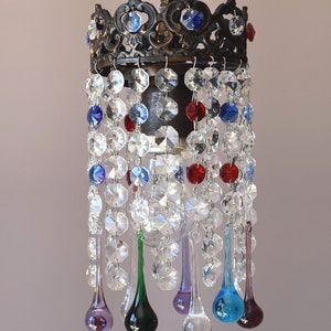 Vintage Crystal Chandelier: Antique Brass Multi-Color Glass Pendant Lights
