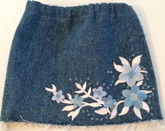 High-Waisted Denim Skirt- Blue Flowers