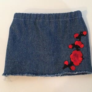 High waisted Denim Skirt Red Flowers image 1