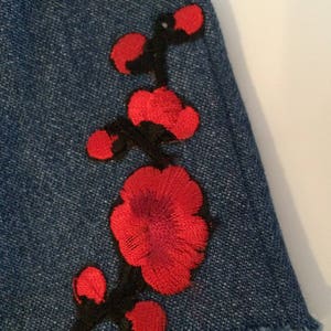 High waisted Denim Skirt Red Flowers image 2