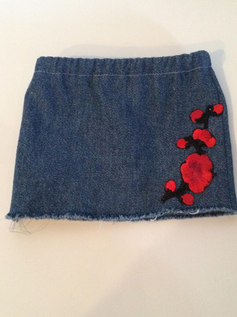 High waisted Denim Skirt Red Flowers image 1