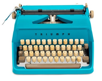 Triumph typemachine blauw, werkende typemachine Triumph Gabriele 1, vintage typemachine turquoise, handmatige typemachine Duits, cadeau voor schrijver