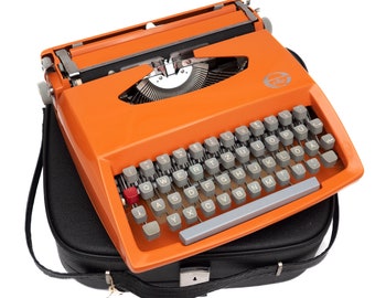 Retro Schreibmaschine Orange, Kleine Schreibmaschine mit Koffer, Reiseschreibmaschine 70er Jahre, Tragbare Schreibmaschine QWERTZ Deutsch