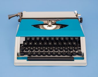 Typewriter Working, Retro Typewriter Blue Gray, Manual Typewriter, Small Typewriter