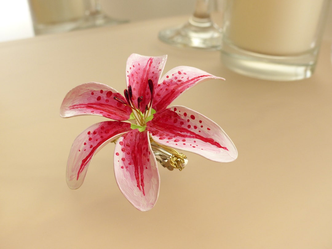 Pink Lily Hair Clip Paili Handpainted Lily Accessory in White & Pink