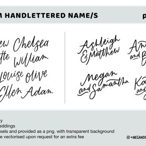 May include: A digital file of hand-lettered names, such as "Andrew Chelsea", "Harriette William", "Ryan Louise Olive", "Indie Ellen Adam", "Ashleigh & Matthew", "Anthony & Brendan", "Megan & Samantha", and "Katelyn & Jarred".