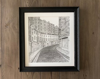 Victoria Street, Edinburgh City, Scotland, Drawing, Framed Wall Art, Wall Decor, Edinburgh Architecture, Edinburgh Drawing, Edinburgh Art