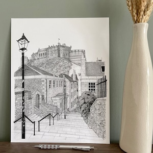 Edinburgh Castle Zeichnung, Kunstdruck, The Vennel, Museumspapier