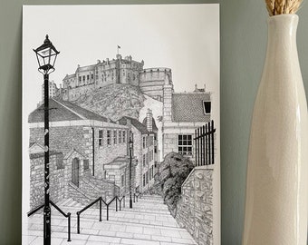 Edinburgh Castle Print, The Vennel, Edinburgh Art, Scotland, Edinburgh Print, Scotland Art, Scottish Gift, Drawing