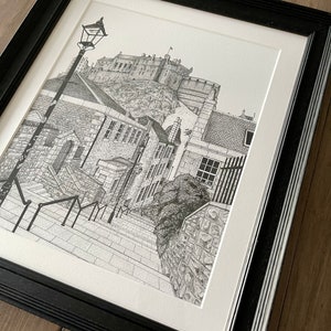 Edinburgh Castle The Vennel Edinburgh Art Scotland Drawing Wall Art Framed Art, City Art, Historic Scotland, Edinburgh City Traditional Frame