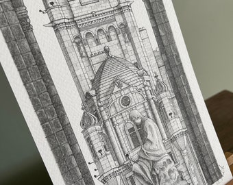 Balmoral Hotel through the Scott Monument, Print, Edinburgh Scotland, Architectural Drawing, Card