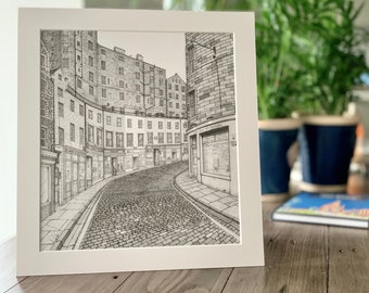 Victoria Street, Black and White Drawing, Edinburgh City, Street Sketch, Print, Cityscape