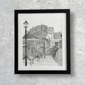 Edinburgh Castle Drawing, The Vennel, Scotland, Cityscape, Historic Scotland Sketch, Illustration