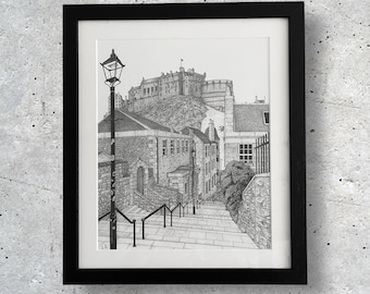 May include: A black and white drawing of a street scene in Edinburgh, Scotland. The drawing features a lamppost, a set of stairs, and a view of Edinburgh Castle in the distance.