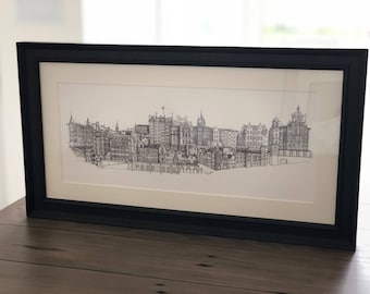 Edinburgh City Skyline, Old Town Panoramic, Drawing, Edinburgh Artwork, Scotland, Architecture Art