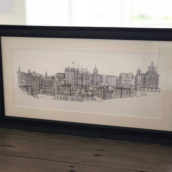 Edinburgh City Skyline, Old Town Panoramic, Drawing, Edinburgh Artwork, Scotland, Architecture Art