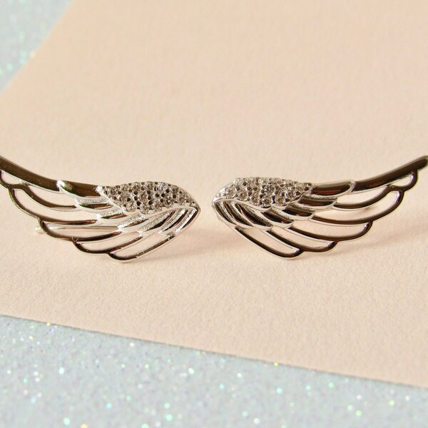 Sterling Silver Crystal Angel Wings Feather Ear Climber Crawler Runner Mid Cuff Wrap Earrings
