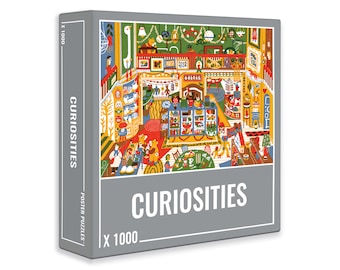 Könnte beinhalten: Ein verpacktes 1000-teiliges Puzzle mit dem Titel "Curiosities". Die Puzzlebox ist grau mit dem Titel in großen weißen Buchstaben. Das Puzzlebild zeigt eine farbenfrohe, detaillierte Illustration eines Ladens voller verschiedener Gegenstände und Personen.