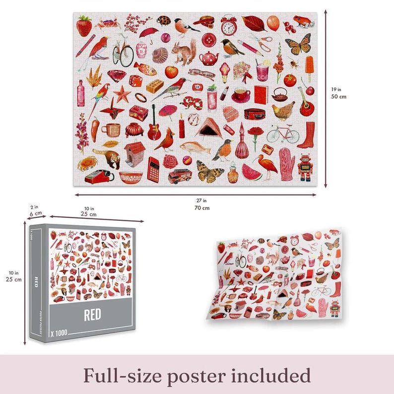 May include: A 1000-piece jigsaw puzzle with a red theme, featuring various objects like a strawberry, birds, and a bicycle. The puzzle measures 70 cm by 50 cm when assembled, and includes a full-size poster.