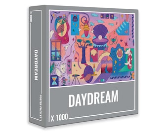 May include: A 1000 piece jigsaw puzzle with a colorful, abstract design. The puzzle box features the word "DAYDREAM" in a bold font and a whimsical illustration of a dreamlike scene with a variety of shapes, colors, and patterns.