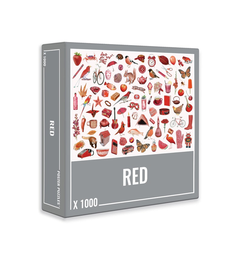 May include: A boxed 1000-piece jigsaw puzzle with a grey border and the word "RED" in large white letters. The puzzle image features a collage of red-coloured objects, including a strawberry, birds, and a bicycle.