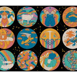 May include: A colorful illustration of the 12 zodiac signs, each depicted in a circle with a psychedelic background. The signs are Aries, Taurus, Gemini, Cancer, Leo, Virgo, Libra, Scorpio, Sagittarius, Capricorn, Aquarius, and Pisces.