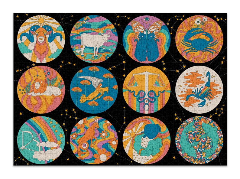 May include: A colorful illustration of the 12 zodiac signs, each depicted in a circle with a psychedelic background. The signs are Aries, Taurus, Gemini, Cancer, Leo, Virgo, Libra, Scorpio, Sagittarius, Capricorn, Aquarius, and Pisces.