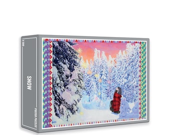 May include: A snowy forest scene with a person in a red coat standing in the middle of the scene. The person is looking up at the sky, which is a bright pink and orange color. There are stars in the sky and snow-covered trees all around. The image is framed with a colorful border.