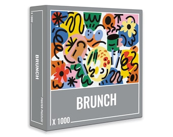 Op de afbeelding: Een kleurrijke puzzel van 1000 stukjes met een abstract ontwerp met verschillende vormen, kleuren en patronen. De puzzeldoos heeft het woord "BRUNCH" in grote, vetgedrukte letters.