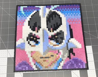 May include: A pixel art image of a character with a black and white face, blue and white hair, and a purple and white outfit. The background is a gradient of pink, blue, and purple.