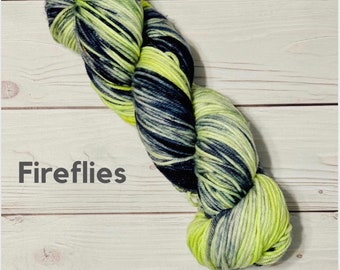 Fireflies: hand dyed DK weight "Southern Glisten DK" yarn on superwash merino wool & nylon. Indie dyed yarn. Ready to ship. Free Ship!