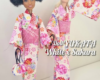 YUKATA浴衣 for 1/6 scale Doll, White - Sakura桜, Doll Kimono, Barbie clothes, 1/6 scale kimono, miniature kimono, Anime, cosplay, gift for girl