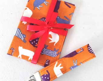 GIFT SET | Fabric passport cover & Key wristlet, CAT - Orange, Japanese gift, gift for her, for traveler, for cat lover, Mother's day gift