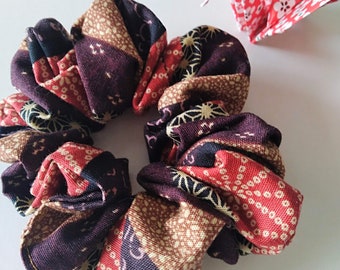 LAST STOCK | scrunchie, Japan fabric, Brown x Red, traditional pattern, hair accessory, Kimono Accessory, gift for her, Mothers day