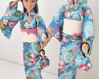 YUKATA浴衣 for 1/6 scale Doll, Skyblue - Sakura桜, Doll Kimono, Barbie clothes, 1/6 scale kimono, miniature kimono, Anime, cosplay, Birthday