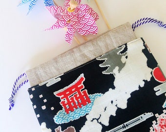 LAST STOCK | Round Drawstrings | Black, Japan Landmarks, Japanese fabric, make-up bag, Jewelry pouch, Unique gift, Japan gift, お土産, 謹賀新年