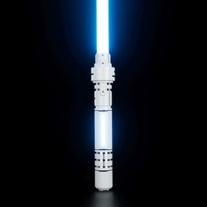 May include: A white lightsaber with a blue blade. The lightsaber has a black handle with a silver band and a silver button.