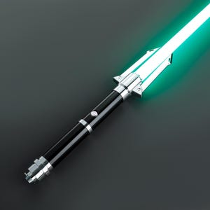 May include: A black lightsaber with a silver handle and a bright green blade.