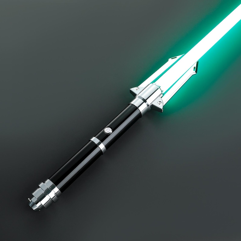 May include: A black lightsaber with a silver handle and a bright green blade.