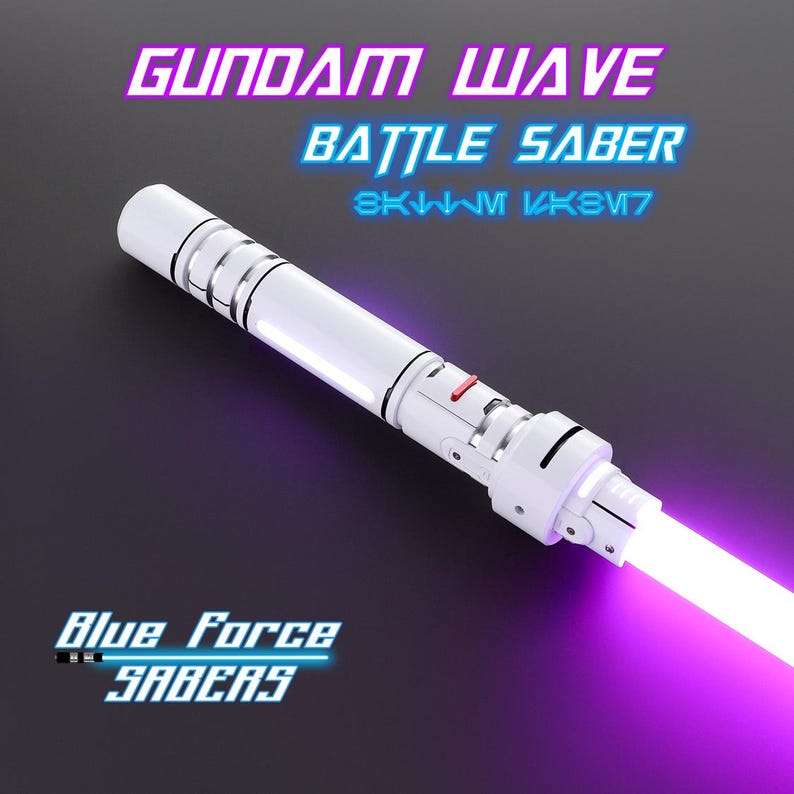 May include: A white lightsaber with a purple blade. The lightsaber has a silver band and a red button. The text "Gundam Wave Battle Saber" is displayed above the lightsaber. The text "Blue Force Sabers" is displayed below the lightsaber.