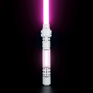 May include: A white lightsaber with a pink blade. The lightsaber has a black handle with silver accents.