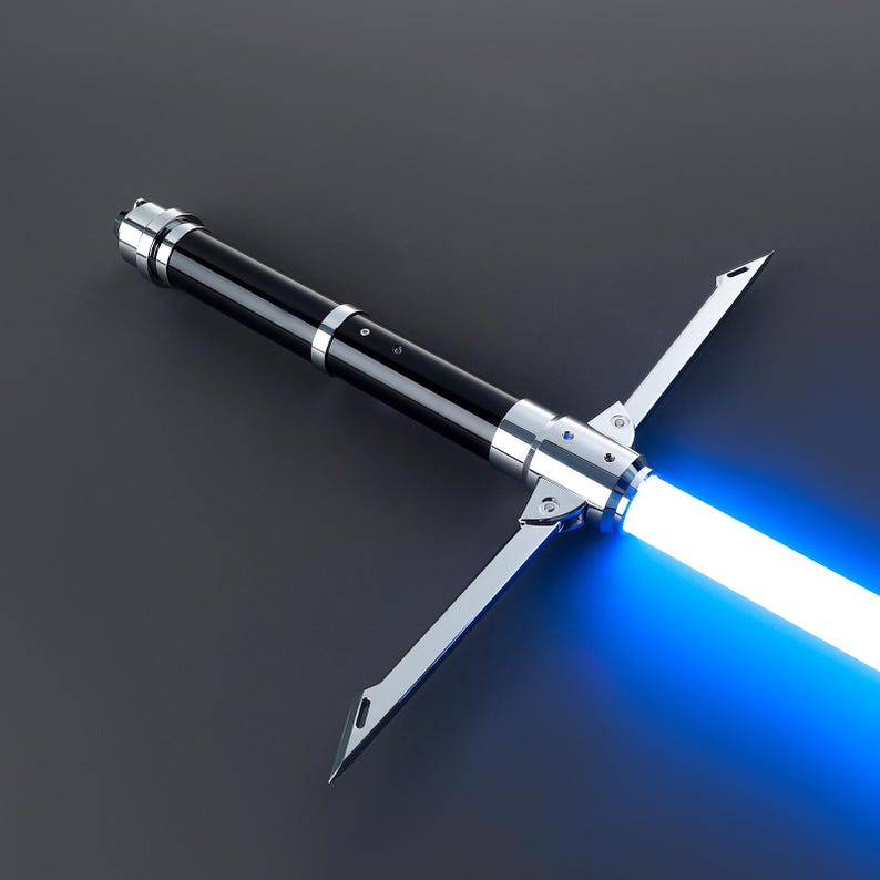 May include: A black lightsaber with a blue blade. The lightsaber has a silver handle and a black hilt.