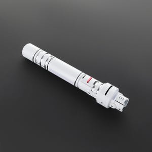 May include: A white and silver lightsaber with a red button. The lightsaber is made of plastic and has a textured surface.