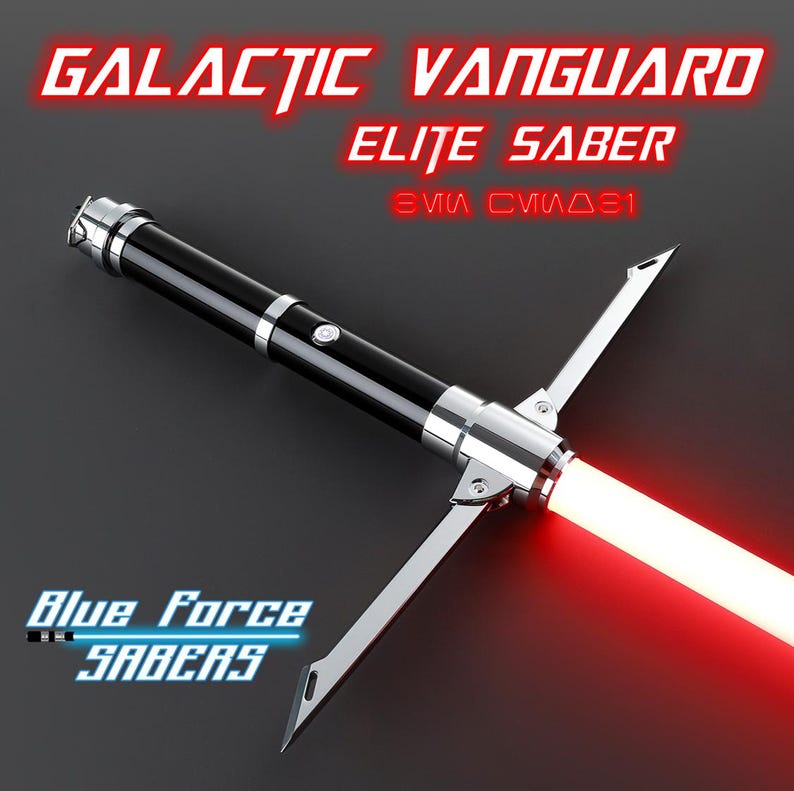 May include: A black and silver lightsaber with a red blade. The lightsaber is labeled "Galactic Vanguard Elite Saber" and "Blue Force Sabers".